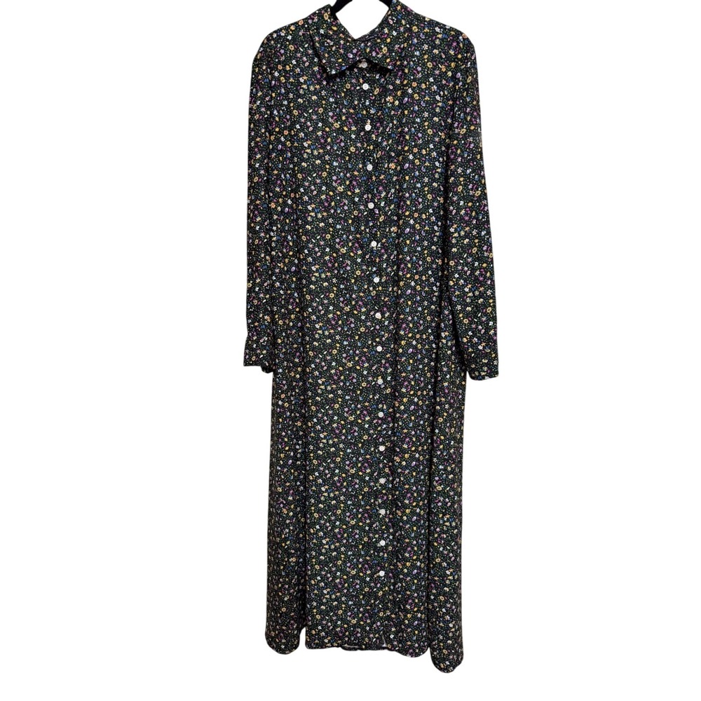 Floral Maxi Shirt Dress Long Sleeve Button Down Black Ditsy Print Modest Boho 2x